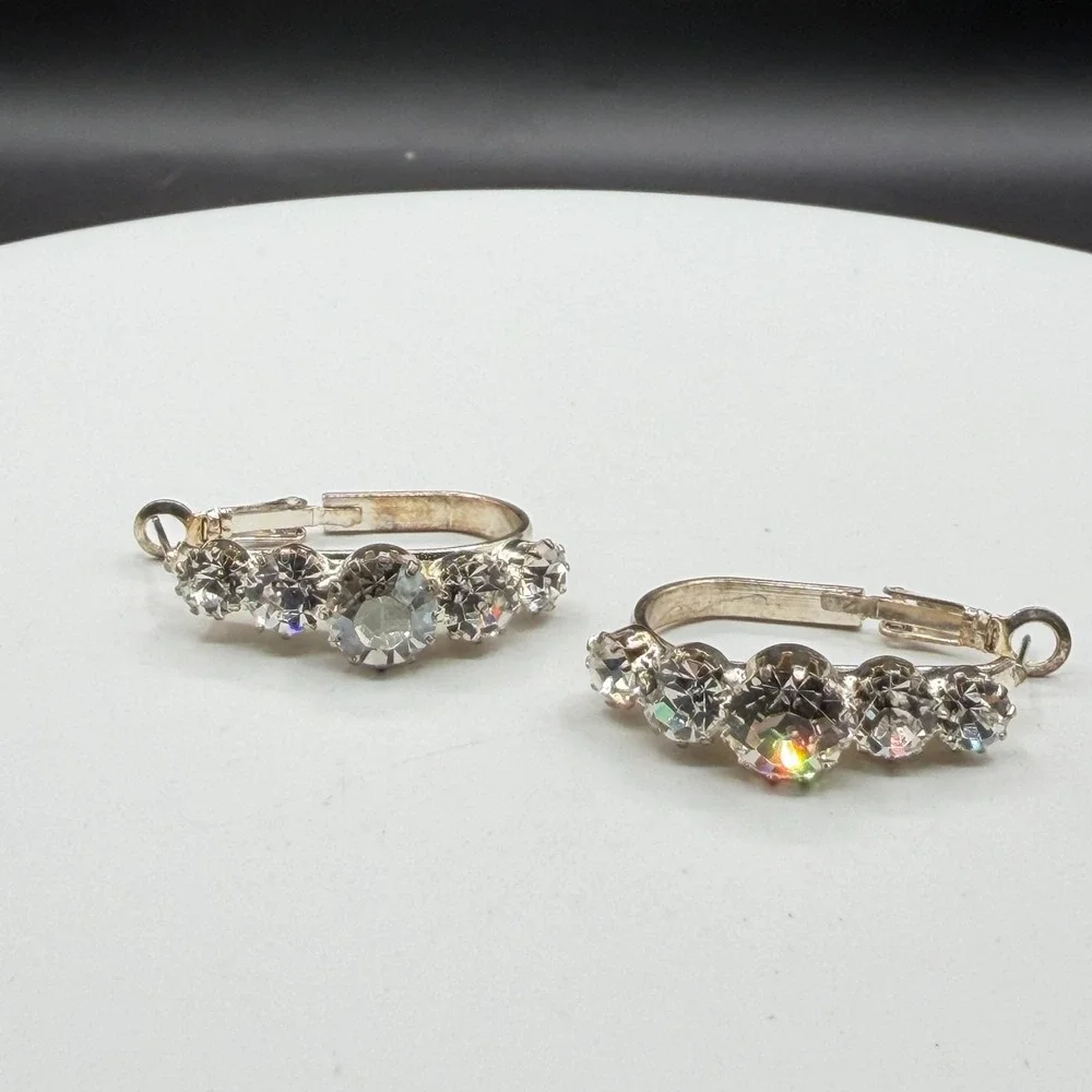 Rhinestone Hoop Earrings Silver Tone Clear Crystal Statement Wedding Glam Gift